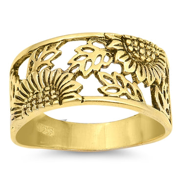 Sunflower Simple Plain Yellow Tone, Sterling Silver Ring Band 925 Sterling Silver